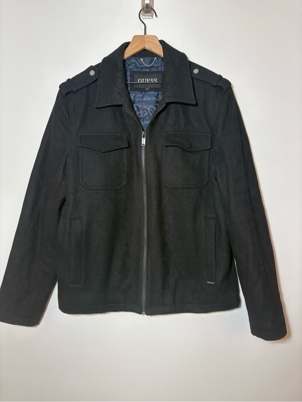 Guess Jacket Mens L Black Wool Military Quilted Lined Full Zip Heavy Coat Goth
